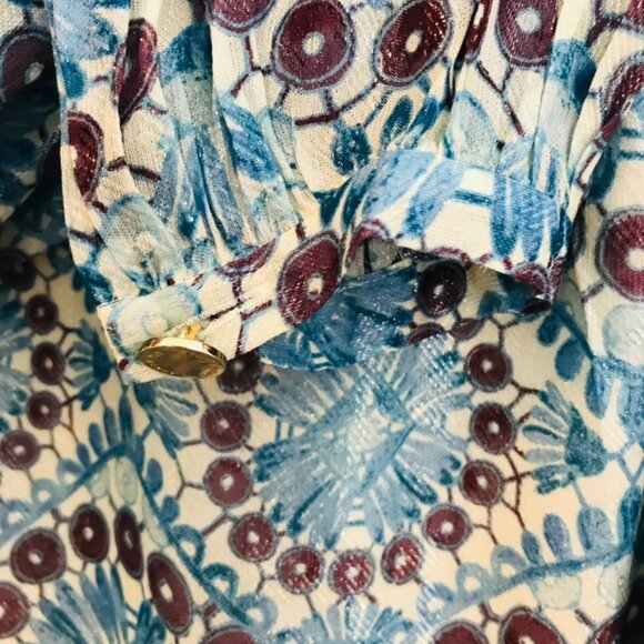 VTG Tory Burch blouse women size 0/S blue/brown long sleeves Boho hippie floral - Picture 5 of 9